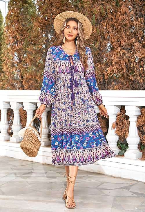 R.Vivimos Women's Long Sleeve Floral Print Retro V Neck Tassel Bohemian Midi Dresses - Image 3