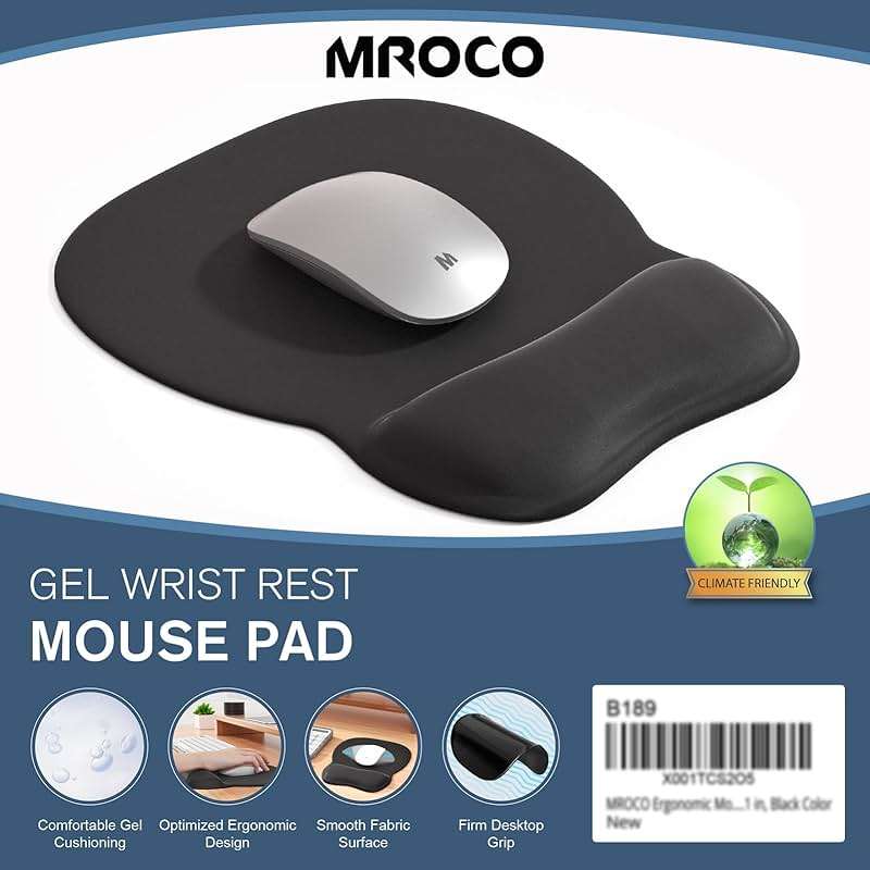 MROCO Ergonomic Mouse Pad with Gel Wrist Rest, 9.4 x 8.1 in, Black | Ergonomic Shape Design for Pain Relief, Cooling Feel Gel Cushioning for Wrist Comfort, Smooth Lycra Surface, Non-Slip PU Base - Image 7