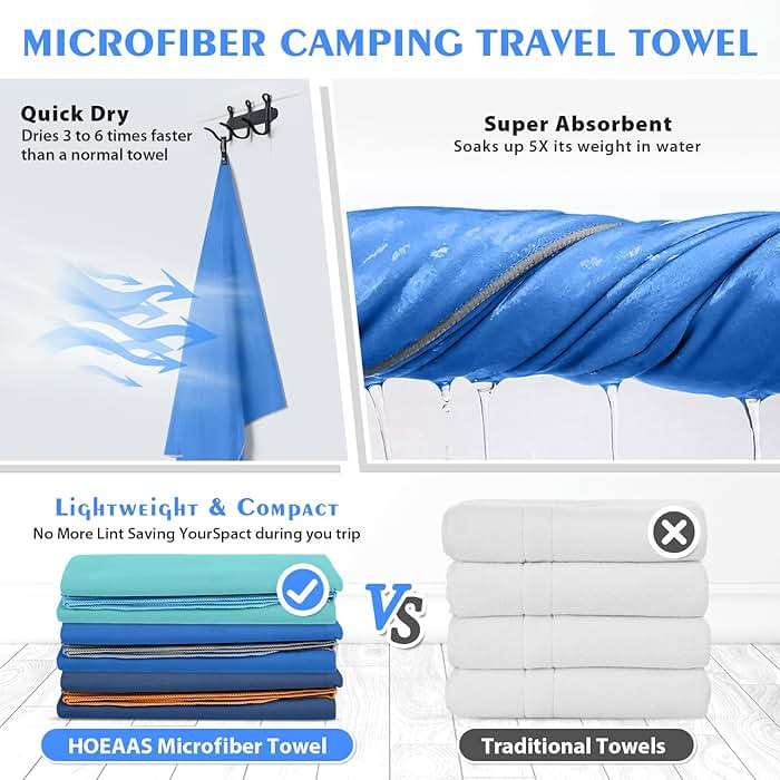 HOEAAS 2 Pack Microfiber Camping Towels, Quick Dry Towel, Super Absorbent Ultra Compact Travel Towel Soft Lightweight Sports Towel for Sweat Fast Drying Towels for Pool,Gym,Hiking,Backpacking,Fitness - Image 4