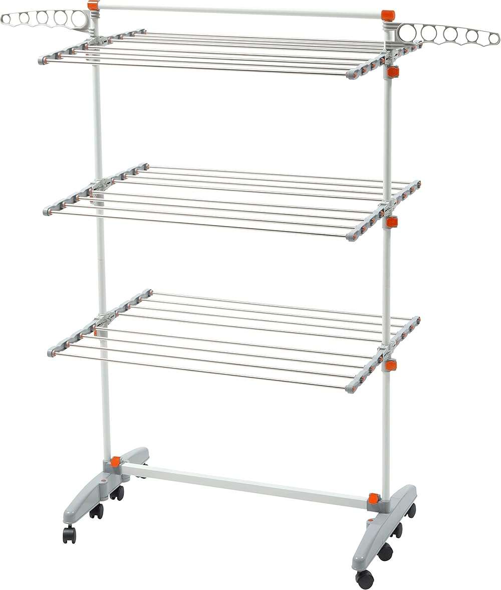 idee BDP-V23 Foldable Rolling 3-Tier Clothes Laundry Drying Rack with Stainless Steel Hanging Rods, Collapsible Shelves and Base for Easy Storage, Made-in-Korea, Premium Size, Orange - Image 1