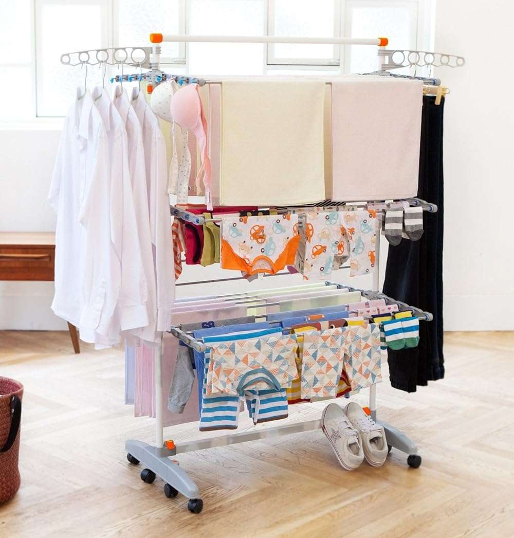 idee BDP-V23 Foldable Rolling 3-Tier Clothes Laundry Drying Rack with Stainless Steel Hanging Rods, Collapsible Shelves and Base for Easy Storage, Made-in-Korea, Premium Size, Orange - Image 2