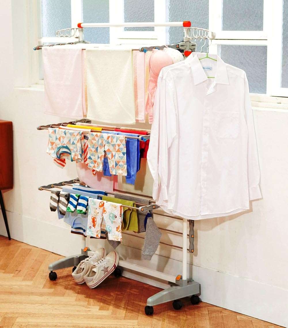idee BDP-V23 Foldable Rolling 3-Tier Clothes Laundry Drying Rack with Stainless Steel Hanging Rods, Collapsible Shelves and Base for Easy Storage, Made-in-Korea, Premium Size, Orange - Image 3