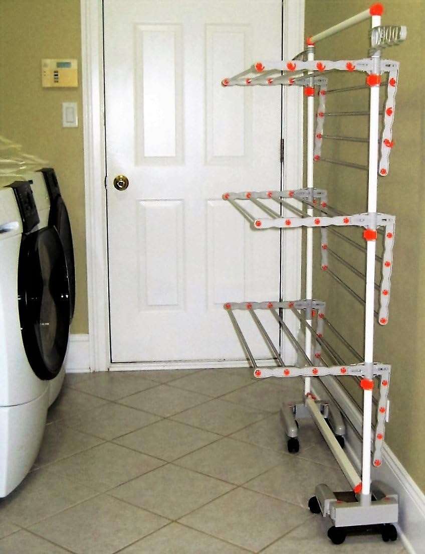 idee BDP-V23 Foldable Rolling 3-Tier Clothes Laundry Drying Rack with Stainless Steel Hanging Rods, Collapsible Shelves and Base for Easy Storage, Made-in-Korea, Premium Size, Orange - Image 5