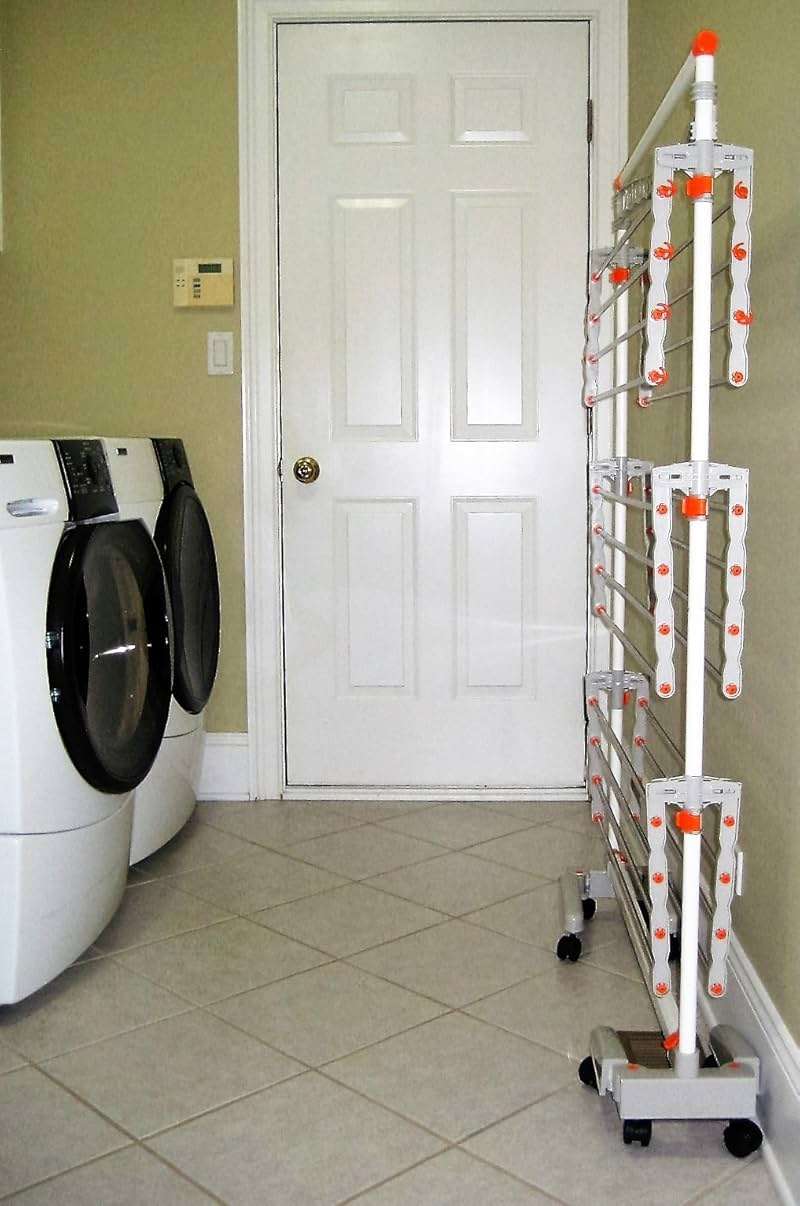 idee BDP-V23 Foldable Rolling 3-Tier Clothes Laundry Drying Rack with Stainless Steel Hanging Rods, Collapsible Shelves and Base for Easy Storage, Made-in-Korea, Premium Size, Orange - Image 6