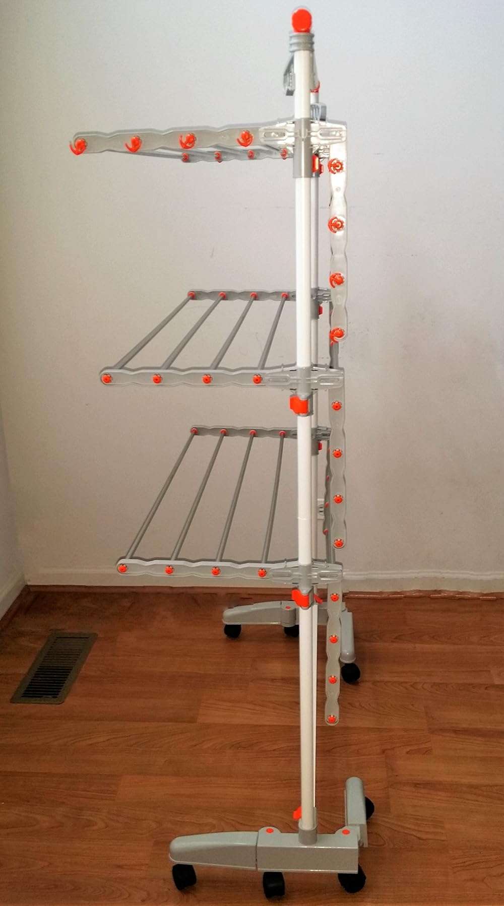 idee BDP-V23 Foldable Rolling 3-Tier Clothes Laundry Drying Rack with Stainless Steel Hanging Rods, Collapsible Shelves and Base for Easy Storage, Made-in-Korea, Premium Size, Orange - Image 7