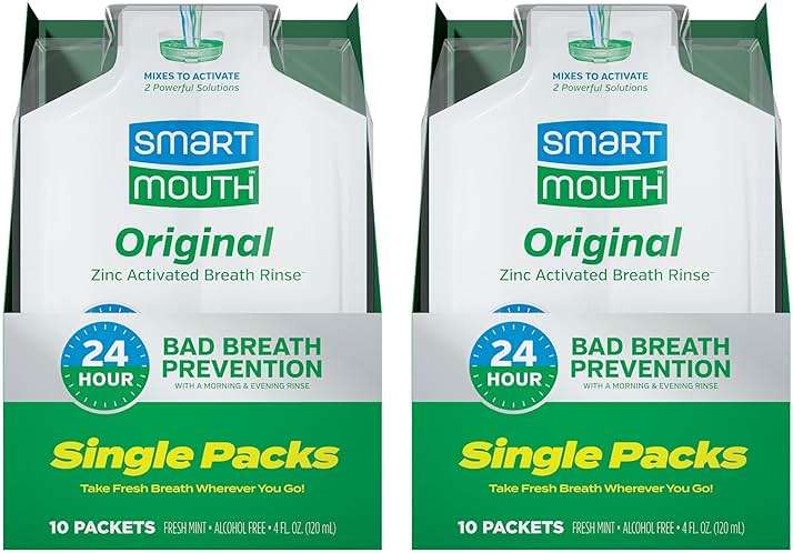 SmartMouth Original Zinc Activated Mouthwash Single Packs - Disposable Mouthwash Packets for Fresh Breath - Eliminates Bad Breath & Odors - Alcohol & Fluoride-Free - Fresh Mint - 10 Count, 2 Pack - Image 1