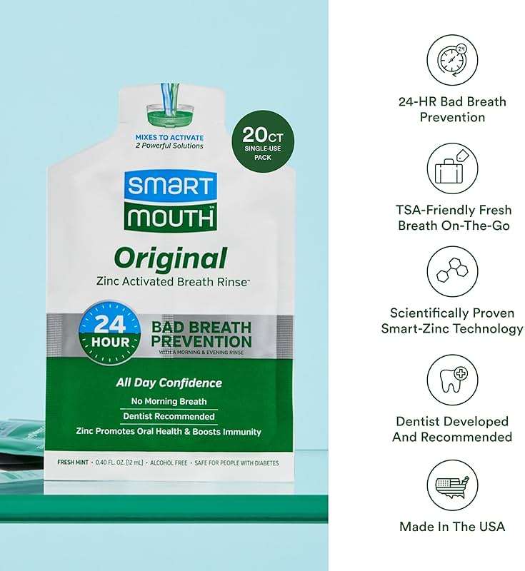 SmartMouth Original Zinc Activated Mouthwash Single Packs - Disposable Mouthwash Packets for Fresh Breath - Eliminates Bad Breath & Odors - Alcohol & Fluoride-Free - Fresh Mint - 10 Count, 2 Pack - Image 4