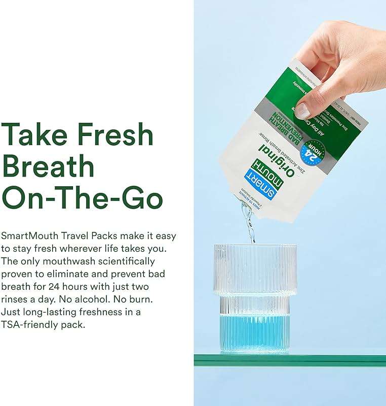 SmartMouth Original Zinc Activated Mouthwash Single Packs - Disposable Mouthwash Packets for Fresh Breath - Eliminates Bad Breath & Odors - Alcohol & Fluoride-Free - Fresh Mint - 10 Count, 2 Pack - Image 5