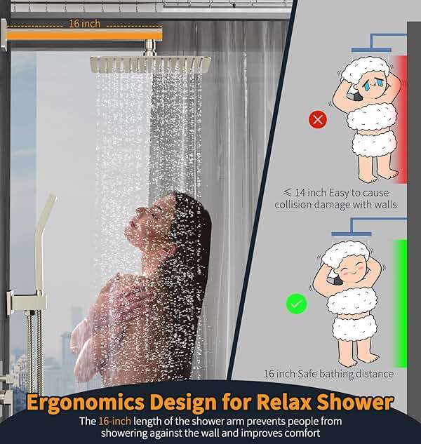 SR SUN RISE 12 Inches Bathroom Luxury Rain Mixer Shower Combo Set Wall Mounted Rainfall Shower Head System Brushed Nickel Finish Shower Faucet Rough-In - Image 7