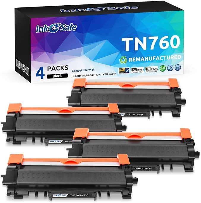 INK E-SALE 4 Packs Remanufactured TN760 Toner Cartridge Replacement for Brother TN760 TN730 TN770 for HL-L2325DW HL-L2350DW HL-L2370DW DCP-L2550DW MFC-L2690DW MFC-L2710DW MFC-L2717DW MFC-L2750DW - Image 1