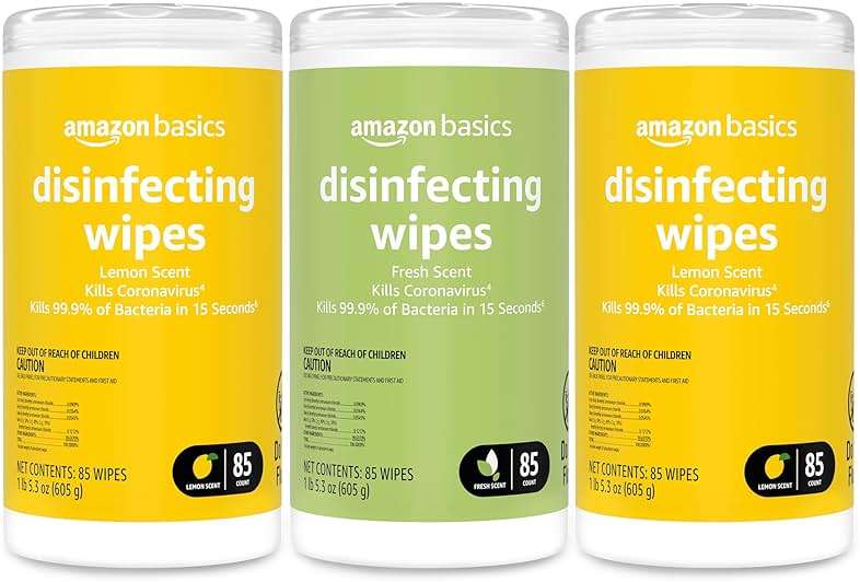 Amazon Basics Disinfecting Wipes, Lemon & Fresh Scent, Sanitizes/Cleans/Disinfects/Deodorizes, 255 Count (2 Packs Lemon, 1 Pack Fresh Scent) - Image 1