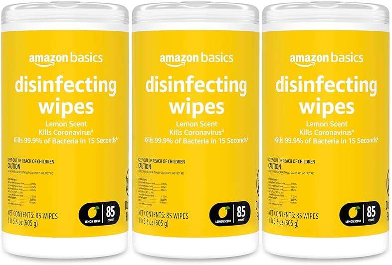 Amazon Basics Disinfecting Wipes, Lemon Scent, for Sanitizing, Cleaning & Deodorizing, 255 Count (3 Packs of 85), Packaging May Vary - Image 1