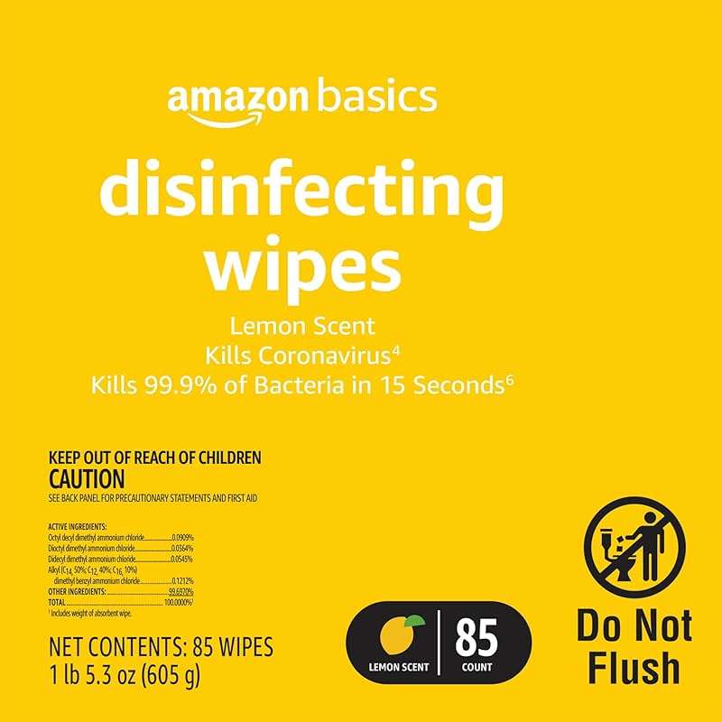 Amazon Basics Disinfecting Wipes, Lemon Scent, for Sanitizing, Cleaning & Deodorizing, 255 Count (3 Packs of 85), Packaging May Vary - Image 3