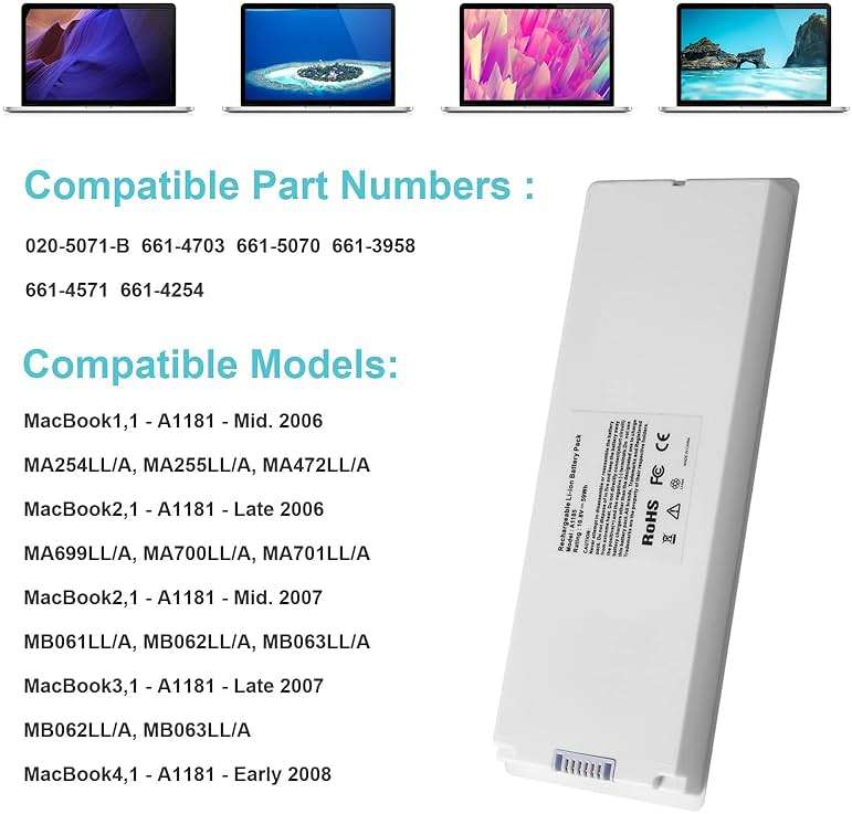 Fancy Buying New A1181 Battery for Apple 13" MacBook A1185 (Mid. / Late 2006, Mid. / Late 2007, Early/Late 2008, Early/Mid. 2009) Fits MA254 MA255 MB402 MA566 MA561 MA699 MA700 MB061 MB062 MB402 - Image 5