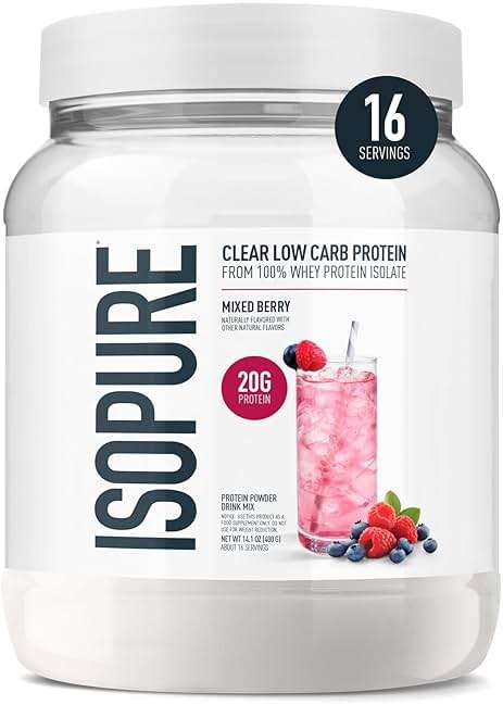 Isopure Clear Whey Isolate Protein Powder, Lactose Free, Gluten Free, Naturally Flavored, Mixed Berry, 20g Protein Per Serving, 14.1 Oz, 16 Servings (Packaging May Vary) - Image 1