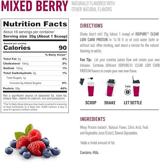 Isopure Clear Whey Isolate Protein Powder, Lactose Free, Gluten Free, Naturally Flavored, Mixed Berry, 20g Protein Per Serving, 14.1 Oz, 16 Servings (Packaging May Vary) - Image 8