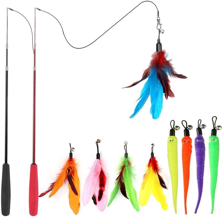 MeoHui Cat Toys for Indoor Cats, Interactive Cat Toy 2PCS Retractable Wand Toy and 9PCS Cat Feather Toys Refills, Funny Kitten Toys Cat Fishing Pole Toy for Bored Indoor Cats Chase and Exercise - Image 1