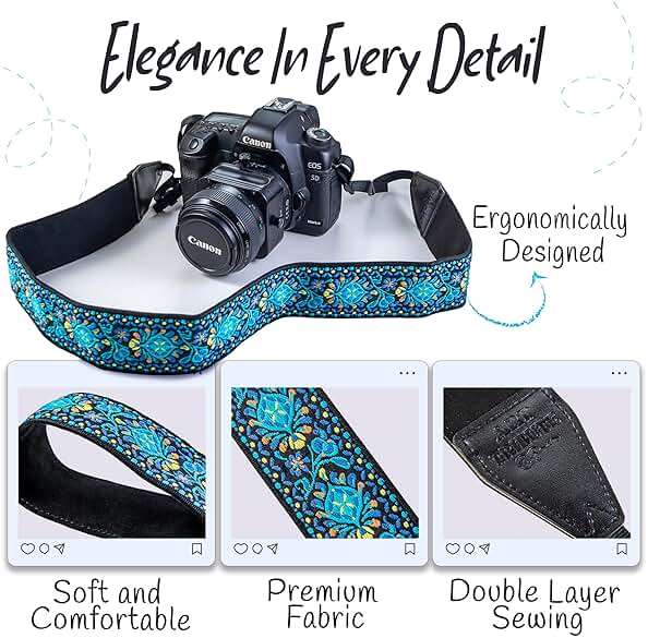 Art Tribute Camera Strap, Vintage Embroidered Neck Shoulder & Crossbody Camera Strap for DSLR Mirrorless Cameras, Fits Canon Nikon Sony Fujifilm, Quick Release, Photographer Gift, Blue - Image 4
