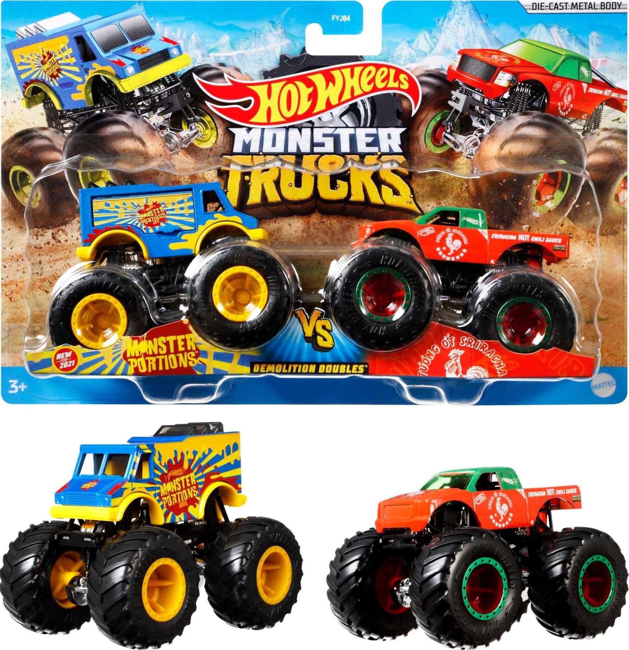 Hot Wheels Monster Trucks 2-Pack, Demolition Doubles Set of 2 Toy Vehicles in 1:64 Scale, for Kids & Collectors (Styles May Vary) - Image 1