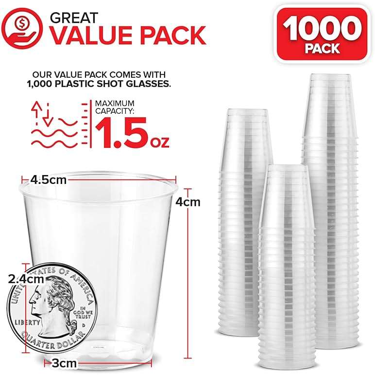 1000 Plastic Shot Glasses - 1.5 Oz Disposable Cups - 1.5 Ounce Shot Glasses - Ideal for Whiskey, Wine Tasting, Food Sampling and Sauce Dipping at Catered Events, Parties and Weddings (Clear) - Image 3