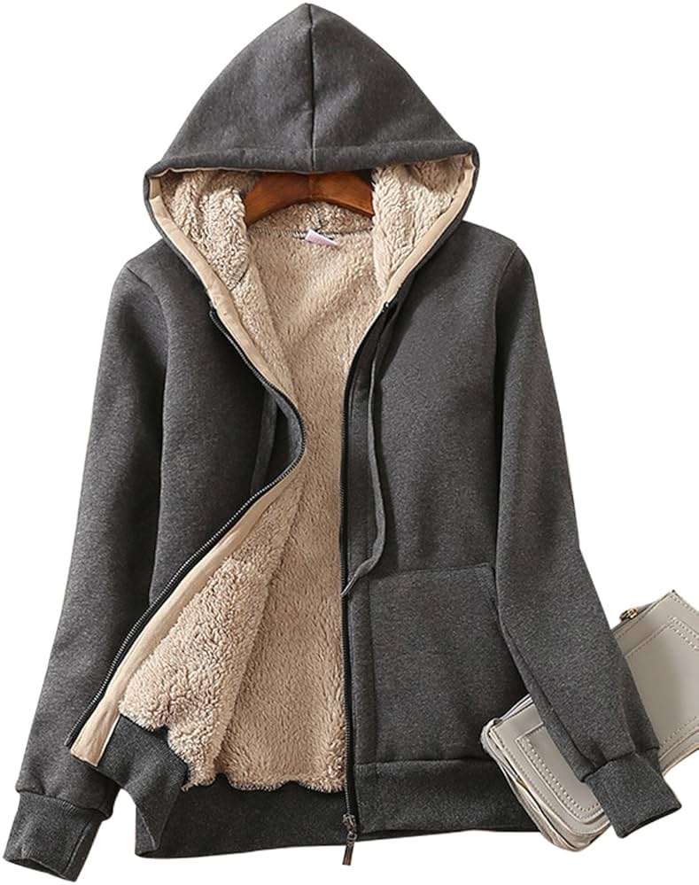 Yeokou Women's Casual Full Zip Up Sherpa Lined Hoodie Sweatshirt Jacket Coat - Image 1