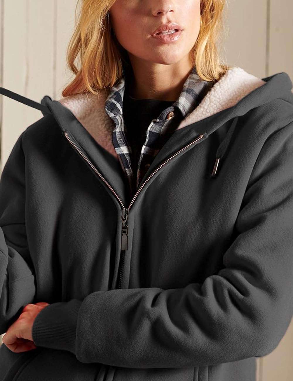 Yeokou Women's Casual Full Zip Up Sherpa Lined Hoodie Sweatshirt Jacket Coat - Image 3