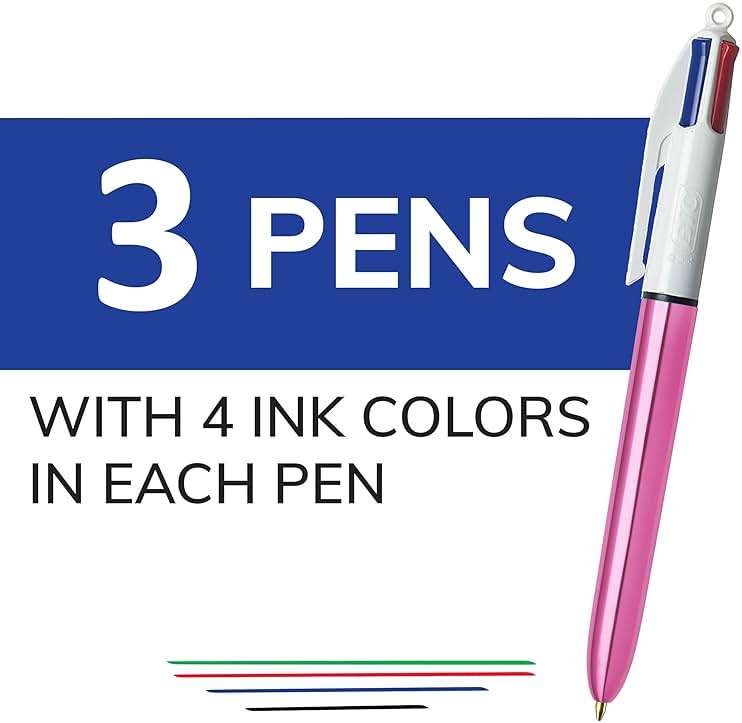 BIC 4-Color Pink Ballpoint Pens, 3-Count Pack in Assorted Colors | Shiny Pink Barrels - Image 4
