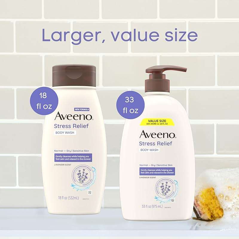 Aveeno Stress Relief Body Wash, Lavender Scent with Nourishing Prebiotic Oat, Sensitive Skin Body Wash for Normal to Dry Skin, Paraben-, Dye-, and Soap-Free, Value Size 33 Fl Oz - Image 7