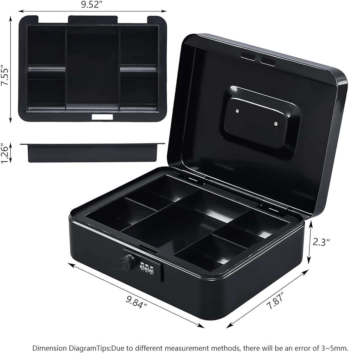 KYODOLED Large Cash Box with Combination Lock Safe Metal Money Box with Money Tray for Security Lock Box 9.84"x 7.87"x 3.54" Black - Image 6