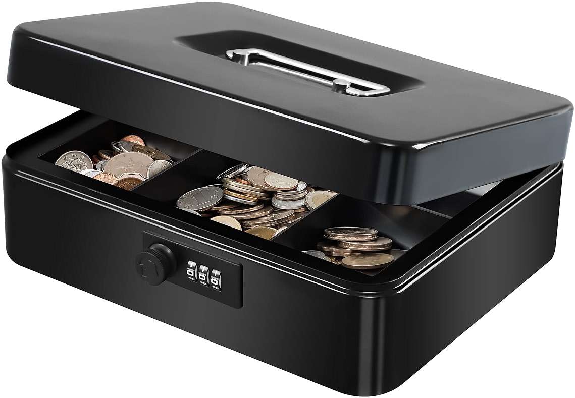 KYODOLED Large Cash Box with Combination Lock Safe Metal Money Box with Money Tray for Security Lock Box 9.84"x 7.87"x 3.54" Black - Image 9