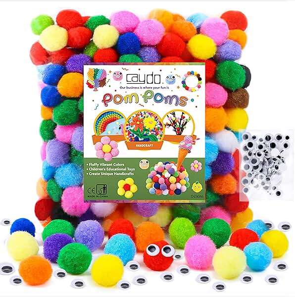 Caydo [400 pcs] - 300 Pieces 1 Inch Assorted Pom Poms with 100 Pieces Wiggle Eyes, Multicolor Pompom Balls for Home Decorations and Kids DIY Art Creative Crafts - Image 1