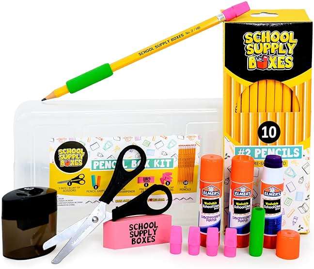 Back to School Supply Box Grades K-5 - School Supply Boxes - 32 Piece School Supplies Kit Includes Markers, Crayons, Pencils, Scissors, Folders, Glue Sticks, Notebook, and Composition Book - Image 7