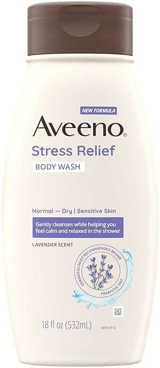 Aveeno Stress Relief Body Wash with Nourishing Oat & Lavender Scent for Sensitive Skin, Gently Cleanses & Helps You Feel Calm & Relaxed in the Shower, Soap-Free, 18 fl. oz - Image 1