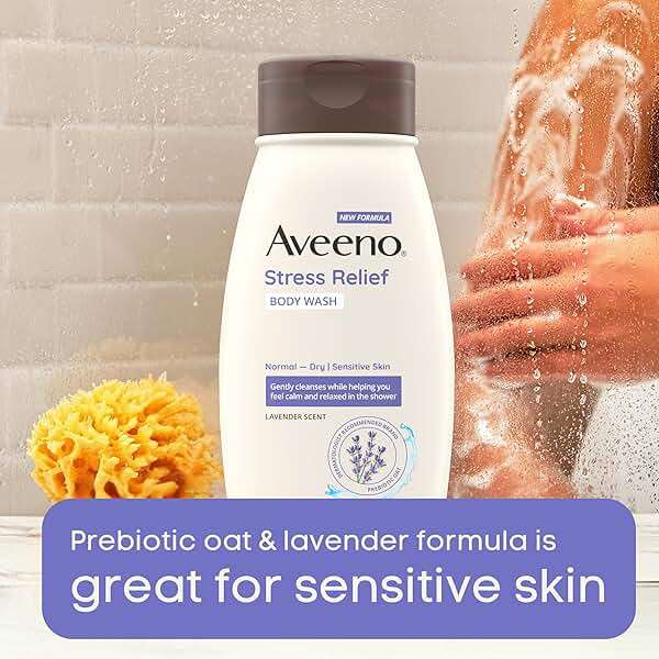 Aveeno Stress Relief Body Wash with Nourishing Oat & Lavender Scent for Sensitive Skin, Gently Cleanses & Helps You Feel Calm & Relaxed in the Shower, Soap-Free, 18 fl. oz - Image 2