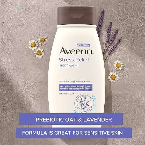 Aveeno Stress Relief Body Wash with Nourishing Oat & Lavender Scent for Sensitive Skin, Gently Cleanses & Helps You Feel Calm & Relaxed in the Shower, Soap-Free, 18 fl. oz - Image 4