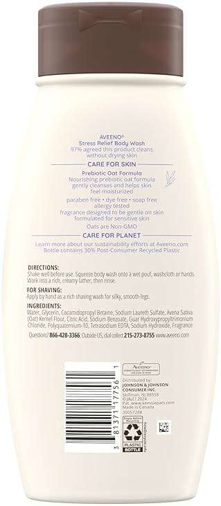 Aveeno Stress Relief Body Wash with Nourishing Oat & Lavender Scent for Sensitive Skin, Gently Cleanses & Helps You Feel Calm & Relaxed in the Shower, Soap-Free, 18 fl. oz - Image 9