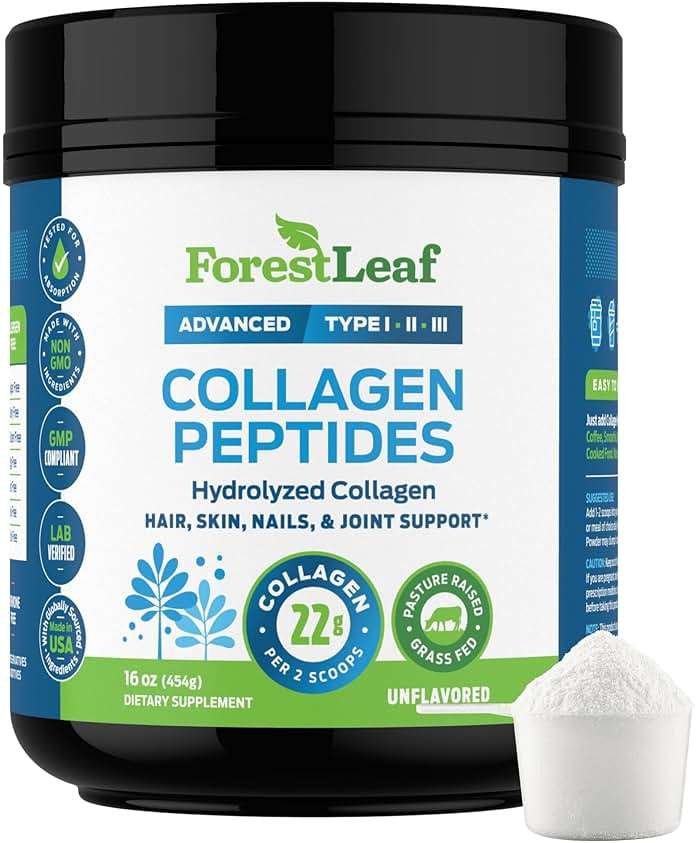 ForestLeaf Collagen Peptides Powder Unflavored - Hydrolyzed Grass Fed Keto Collagen Protein Powder Type 1, 2 & 3 - Vital Hair, Skin, Nails, Joints, Recovery, 11g Per Serving - Image 1