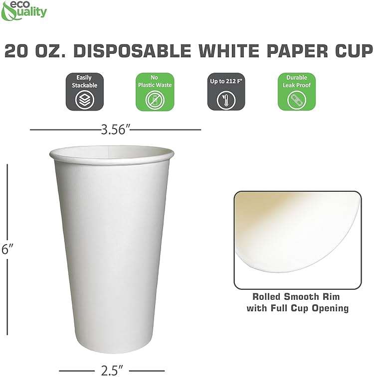 EcoQuality Extra Large 20oz White Paper Coffee Cups - (150 Count) Disposable Paper Coffee Cups - Hot Drink, Tea, Coffee, Cappuccino, Hot Chocolate, Chai, Chai Latte, Office, Travel, Recyclable - Image 3