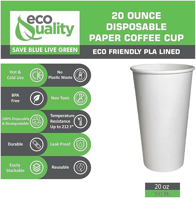 EcoQuality Extra Large 20oz White Paper Coffee Cups - (150 Count) Disposable Paper Coffee Cups - Hot Drink, Tea, Coffee, Cappuccino, Hot Chocolate, Chai, Chai Latte, Office, Travel, Recyclable - Image 4