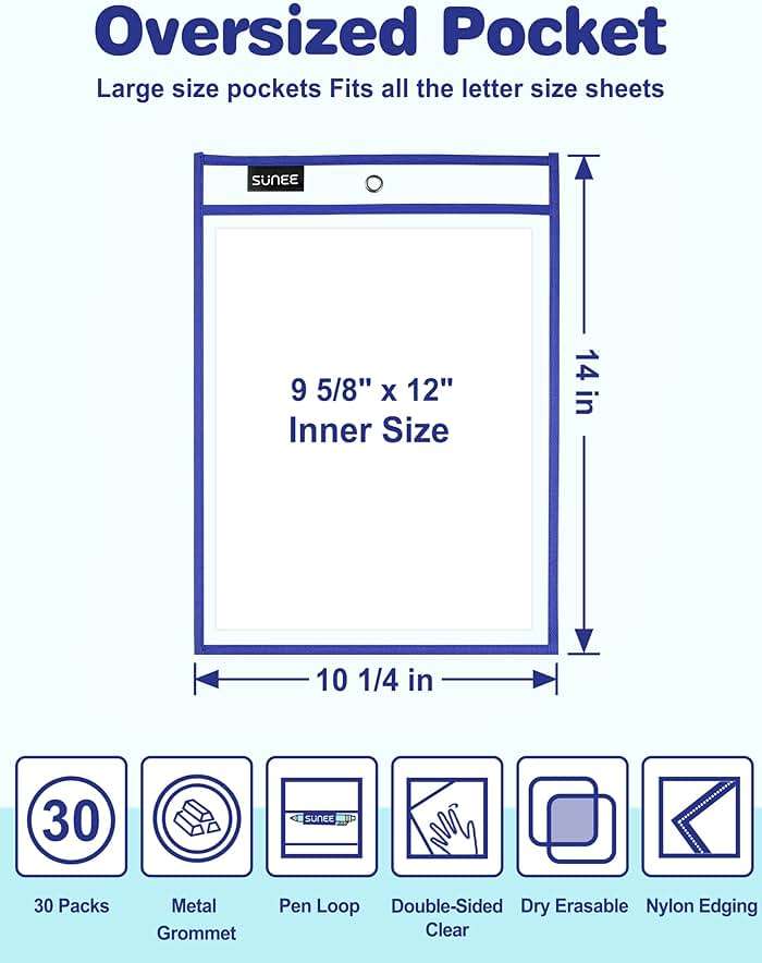 SUNEE 30 Packs Oversized Reusable Dry Erase Pocket Sleeves with 2 Rings, 10 Assorted Colors 10x14 Ticket Holders, Clear Plastic Sheet Protectors, Teacher School Classroom Supplies - Image 2
