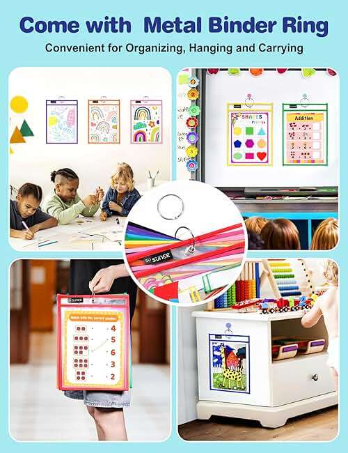SUNEE 30 Packs Oversized Reusable Dry Erase Pocket Sleeves with 2 Rings, 10 Assorted Colors 10x14 Ticket Holders, Clear Plastic Sheet Protectors, Teacher School Classroom Supplies - Image 7
