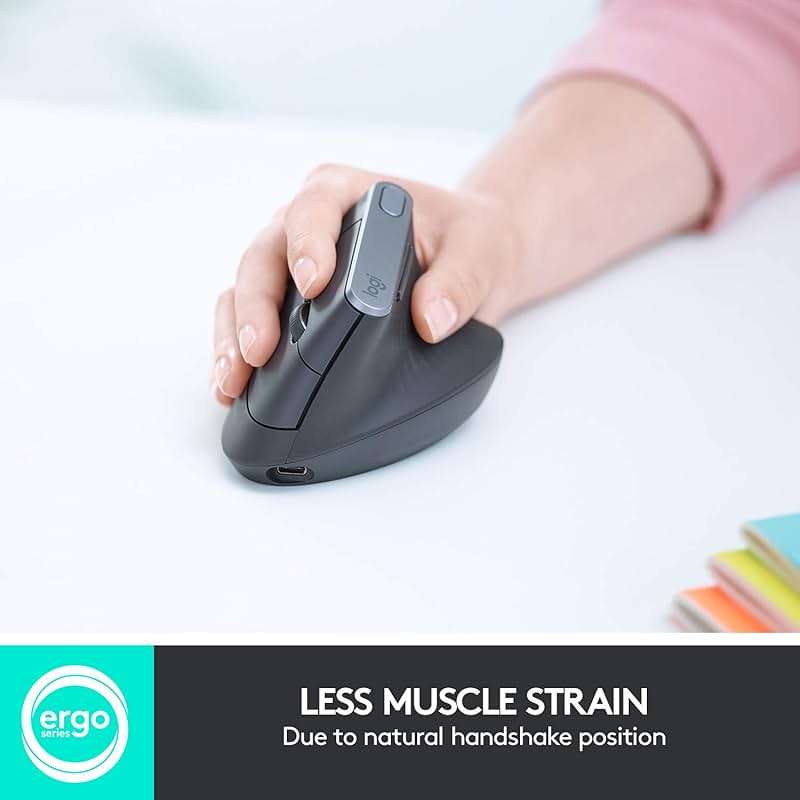 Logitech MX Vertical Wireless Mouse – Ergonomic Design Reduces Muscle Strain, Move Content Between 3 Windows and Apple Computers, Rechargeable, Graphite - Image 2