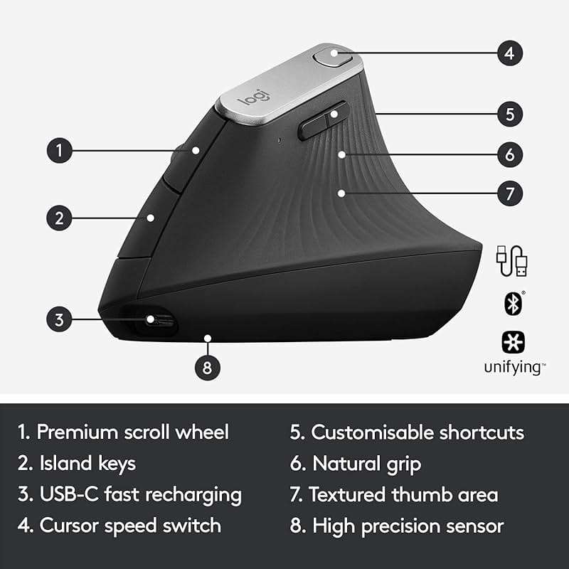 Logitech MX Vertical Wireless Mouse – Ergonomic Design Reduces Muscle Strain, Move Content Between 3 Windows and Apple Computers, Rechargeable, Graphite - Image 6