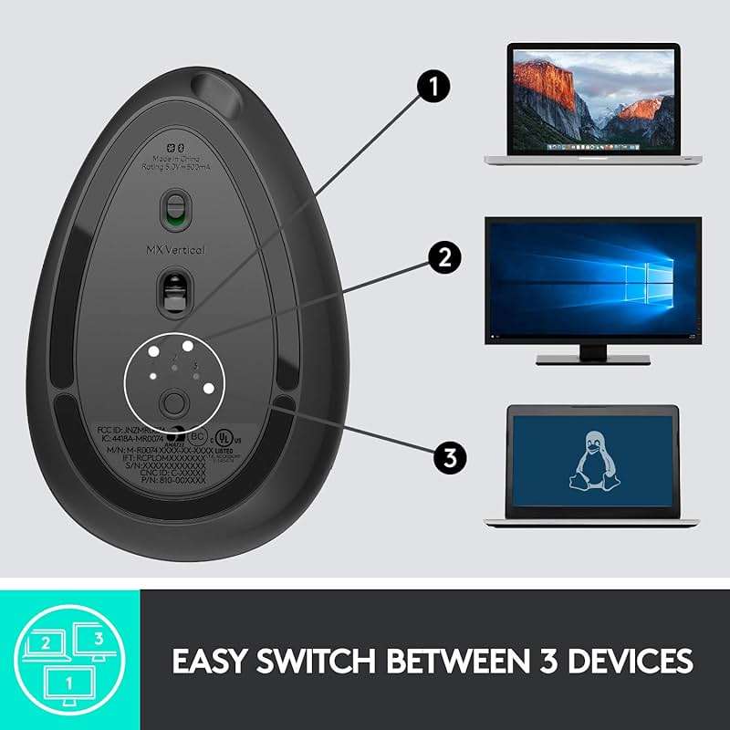 Logitech MX Vertical Wireless Mouse – Ergonomic Design Reduces Muscle Strain, Move Content Between 3 Windows and Apple Computers, Rechargeable, Graphite - Image 8