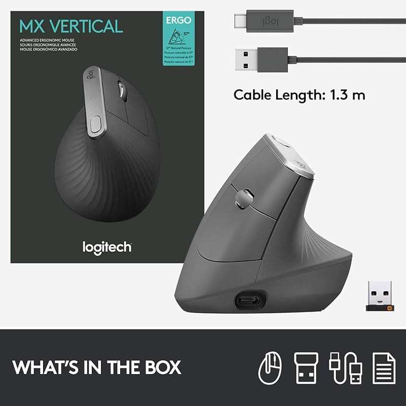 Logitech MX Vertical Wireless Mouse – Ergonomic Design Reduces Muscle Strain, Move Content Between 3 Windows and Apple Computers, Rechargeable, Graphite - Image 9