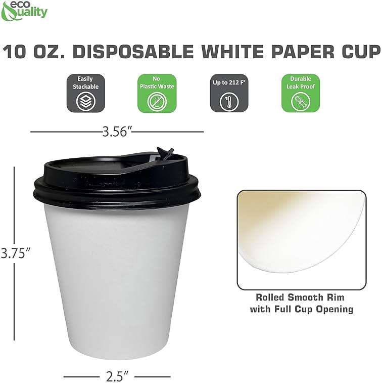 EcoQuality 10oz White Paper Coffee Cups with Black Lids - (25 Count) Disposable Paper Coffee Cups - Hot Drink, Tea, Coffee, Cappuccino, Hot Chocolate, Chai, Chai Latte, Office,Travel - Image 3