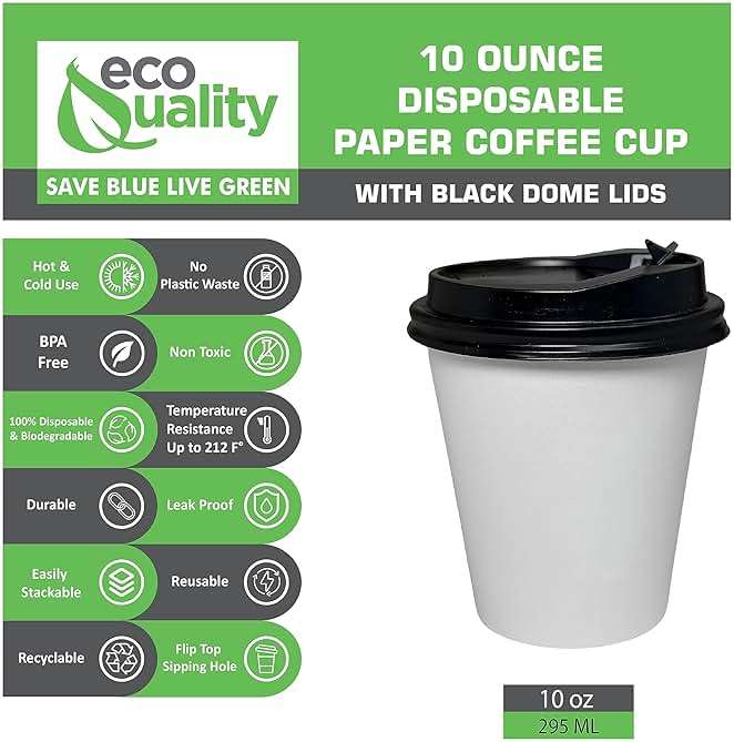 EcoQuality 10oz White Paper Coffee Cups with Black Lids - (25 Count) Disposable Paper Coffee Cups - Hot Drink, Tea, Coffee, Cappuccino, Hot Chocolate, Chai, Chai Latte, Office,Travel - Image 4
