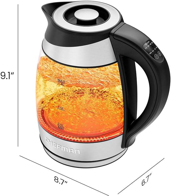 Chefman Electric Kettle with Temperature Control, 5 Presets LED Indicator Lights, Removable Tea Infuser, Glass Tea Kettle & Hot Water Boiler, 360° Swivel Base, BPA Free, Stainless Steel, 1.8 Liters - Image 2
