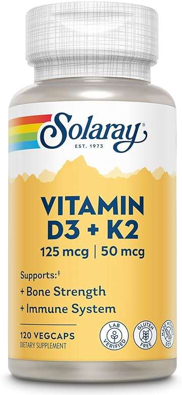 SOLARAY Vitamin D3 K2 - Bone Health and Immune Support Supplement - With 5000 IU Vitamin D as Vit D3 and 50 mcg Vitamin K2 as Menoquinone MK7, Made Without Soy, 60-Day Guarantee, 120 Serv, 120 VegCaps - Image 1