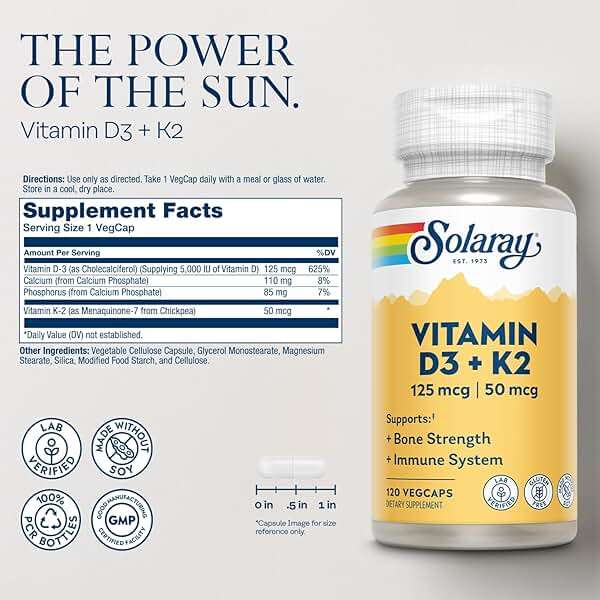 SOLARAY Vitamin D3 K2 - Bone Health and Immune Support Supplement - With 5000 IU Vitamin D as Vit D3 and 50 mcg Vitamin K2 as Menoquinone MK7, Made Without Soy, 60-Day Guarantee, 120 Serv, 120 VegCaps - Image 2